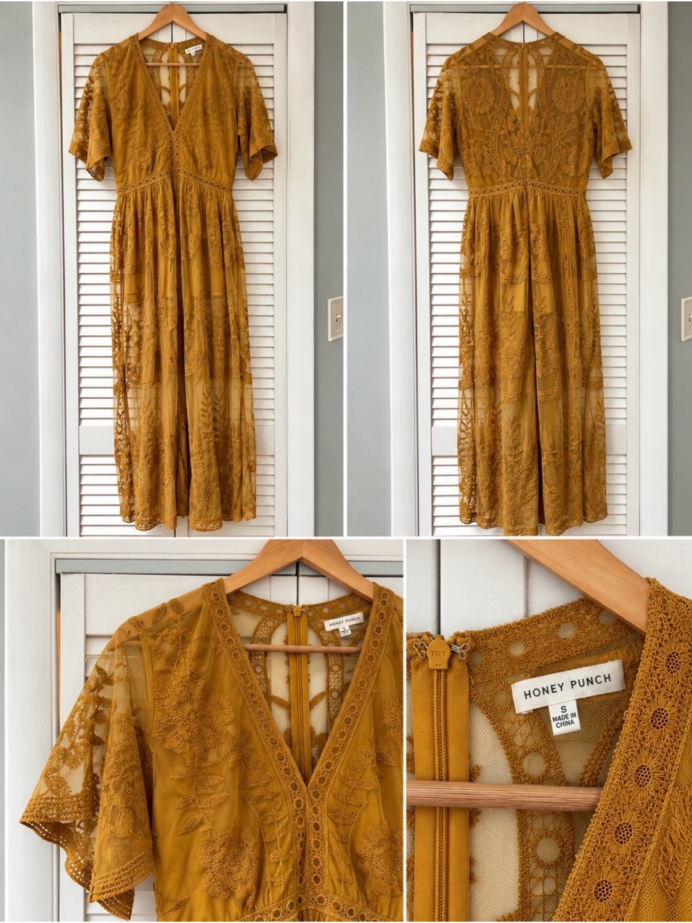 Honey Punch Mustard Lace Midi Dress with V-Neck and Flutter Sleeves